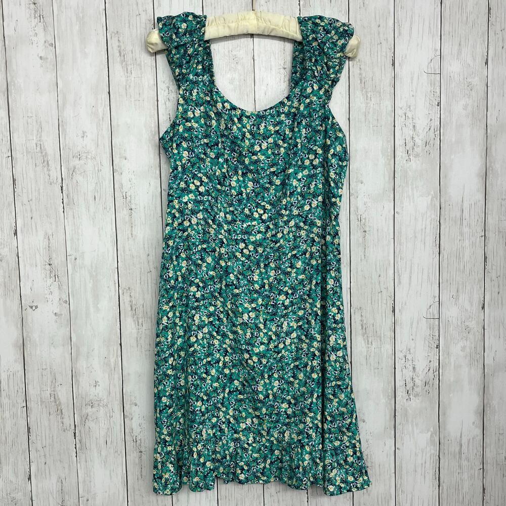 Old Navy Fit & Flare Puff Sleeve Floral Blue Green Mini Stretch Cottage Dress